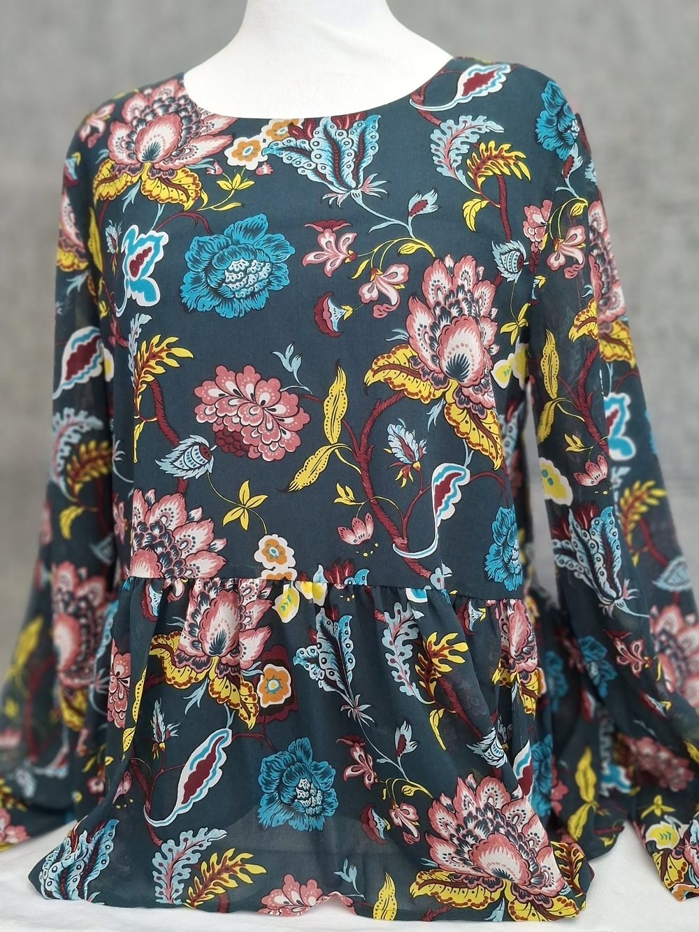 LOFT Floral Peplum Blouse - Dark Teal Floral - Size M, Bohemian, Femme